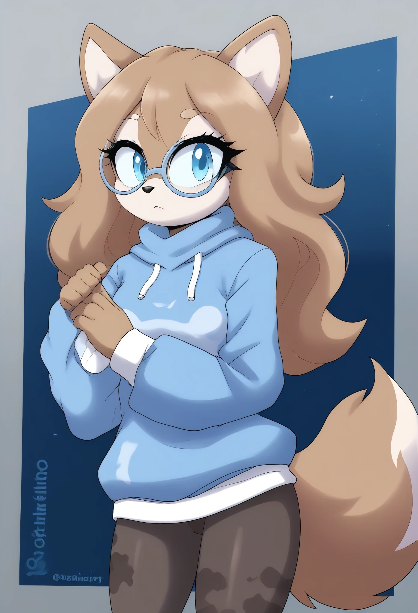 (1girl), (solo), Female dog, long hair, white and brown patterned fur, white and light blue hoodie sweater, dark leggings, fluffy dog tail, light blue eyes, light blue glasses, eyelashes, daytime, mobian, mobius city
