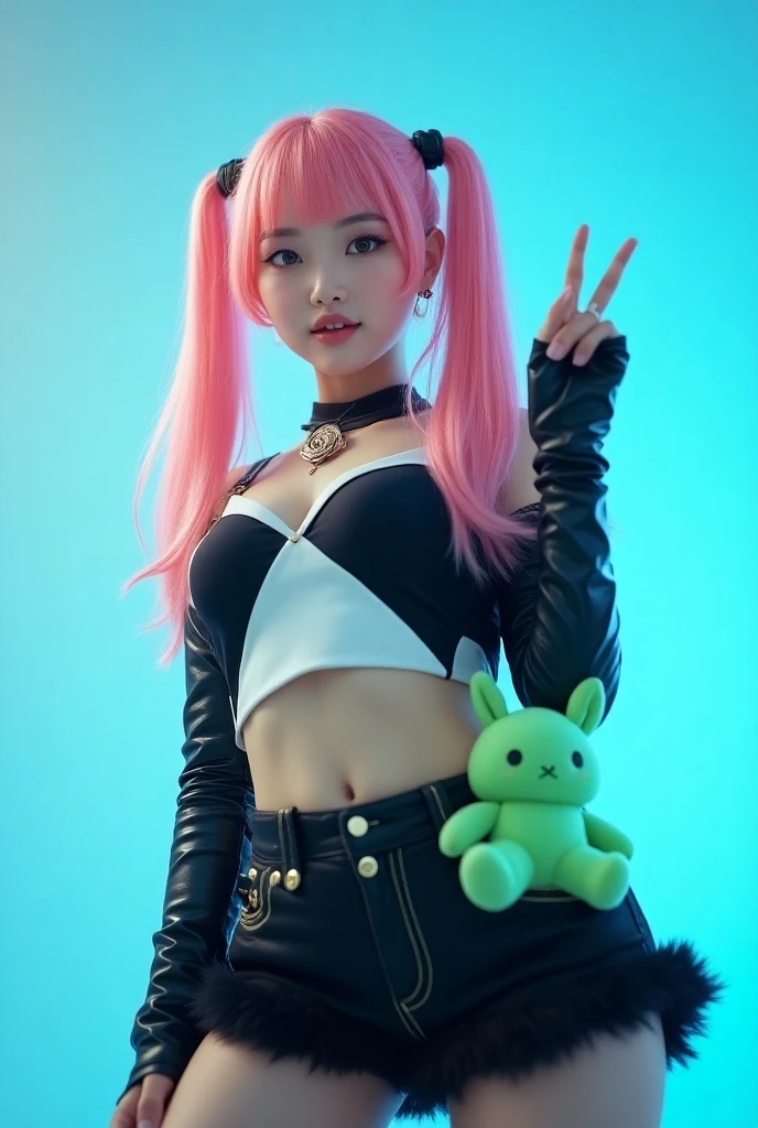 Female idol covered in mushrooms、full body Esbian、、Cyberpunk fashion covered in mushrooms(fluorescent purple and pink)、Luminescent、Colorful hair、
