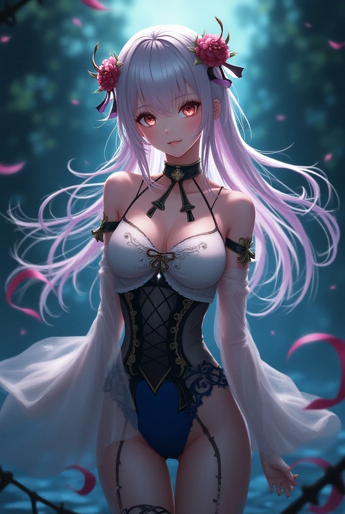 slender, mature female,jewelry, looking_at_viewer, armlet, ring, earrings, detached_sleeves, silver_hair, breasts, dress, bangs, ribbon, purple_dress, hair_ribbon, purple_ribbon, armor, blush, 1girl, bikini_armor, thighs, open_mouth, long_hair, purple_sleeves, bare_shoulders, rating:safe, thighhighs, small_breasts, sitting, thighlet, purple_legwear, heart, wariza, red_eyes, large_breasts, miniskirt, pink_eyes, pelvic_curtain, bracelet, smile, skirt, flower, navel, seiza, collarbone, feet, circlet,