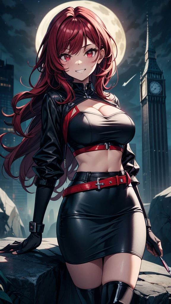 masterpiece, best quality 1girl, solo, beautiful woman, messy bangs, red hair, long hair, hair two side up by black bows , yellow eyes, grin, large breasts, toned stomach, white tank top, long black coat, figureless black gloves, black pants, fantasy looking at viewer, snowy city background