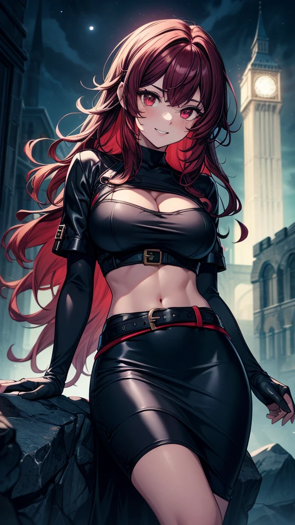 Anime Jojo's Bizarre Adventure Female Character,Female One,red hair with a fringe and a braid and blue eyes,wears a black captain's hat, cropped turtleneck blouse, thin waist and wide thighs and hips,short black shorts,black socks and boots