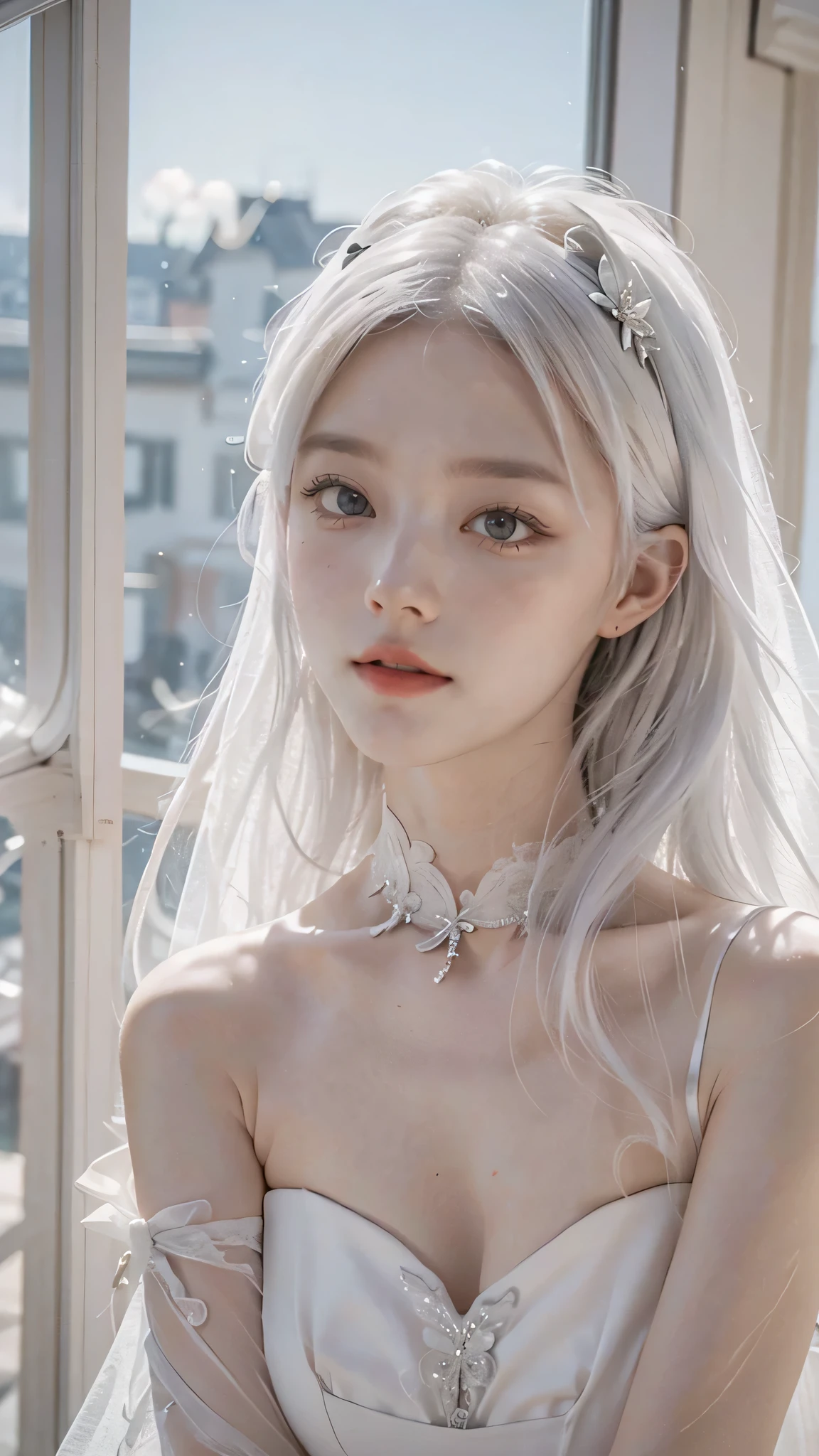 masterpiece, highest quality, (alone focus), (perfect face:1.1), (high detail:1.1),dramatic, (an alluring albino angel guy with long flowing pure white hair and piercing White eyes),1 person, (white skin), long hair, White eyes, alone, long hair, moon, night, white luxury suit, covered navel, covered, future city, detailed background, Art by artgerm Cinematic lighting, roses and vines, fashion, balenciaga style,no makeup、high nose、