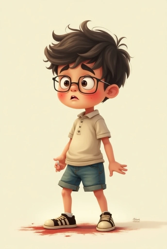A boy very thin age 16 and wear a black glasses and teashirt and short and looking  like real boy hir is curly medium