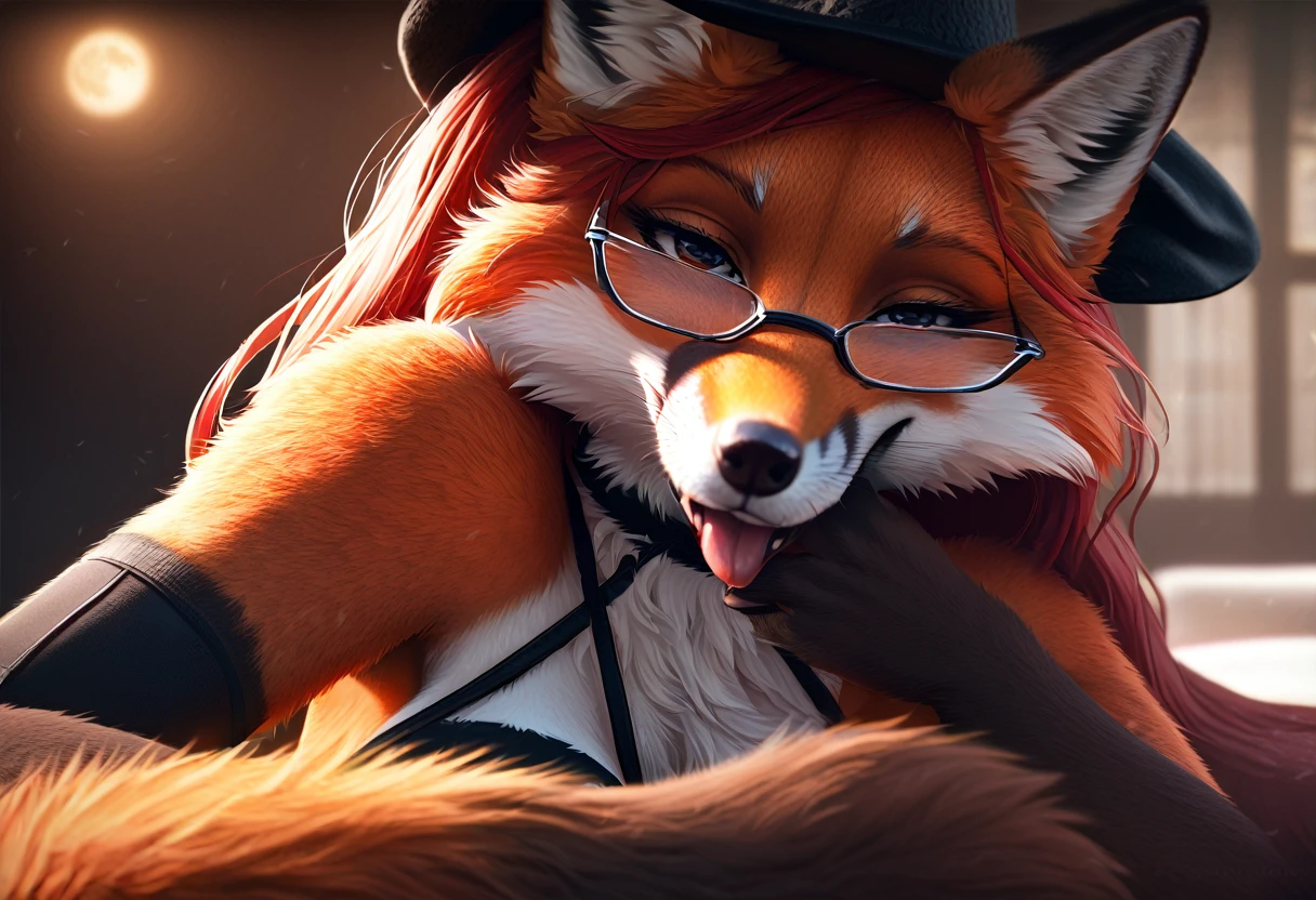 red fox, female, furry, anthro, Extreme detail, detailed fluffy fur, full body, Detailed eyes, (Shaded), (Detailed lighting), (Cinematic lighting), (Masterpiece, hi res, RAW photo, high resolution, High details, Best quality, high sharpness:1.3), high definition, BREAK, woven, beautiful, cute, fox ears, (long and fluffy fox tail), (digitigrade, fox paws on feet), (elongated fox snout), orange fur, long hair, dark red hair, wearing (black thong, black bra, black thigh highs, torn legwear, torn clothing, torn gloves, black long fingerless gloves reaching elbows, witch hat with purple cloth tied around it, torn clothing, black choker, classy glasses), smug smile, narrowed eyes, flirtatious look, sultry look, sitting, spread legs, front view, gazing at viewer with side eye, glowing moon, night, cunnilingus gesture, tongue out, hand on mouth, licking between fingers