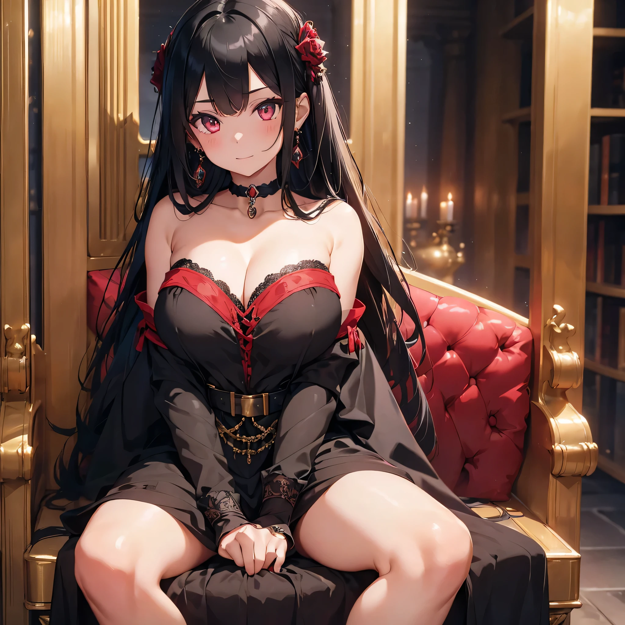 tall girl, white skin, brown hair with dual ponytails, thick body, black eyes, dark blue tent dress, dark blue bell sleeves, white boots, sitting on a luxury couch, fanart