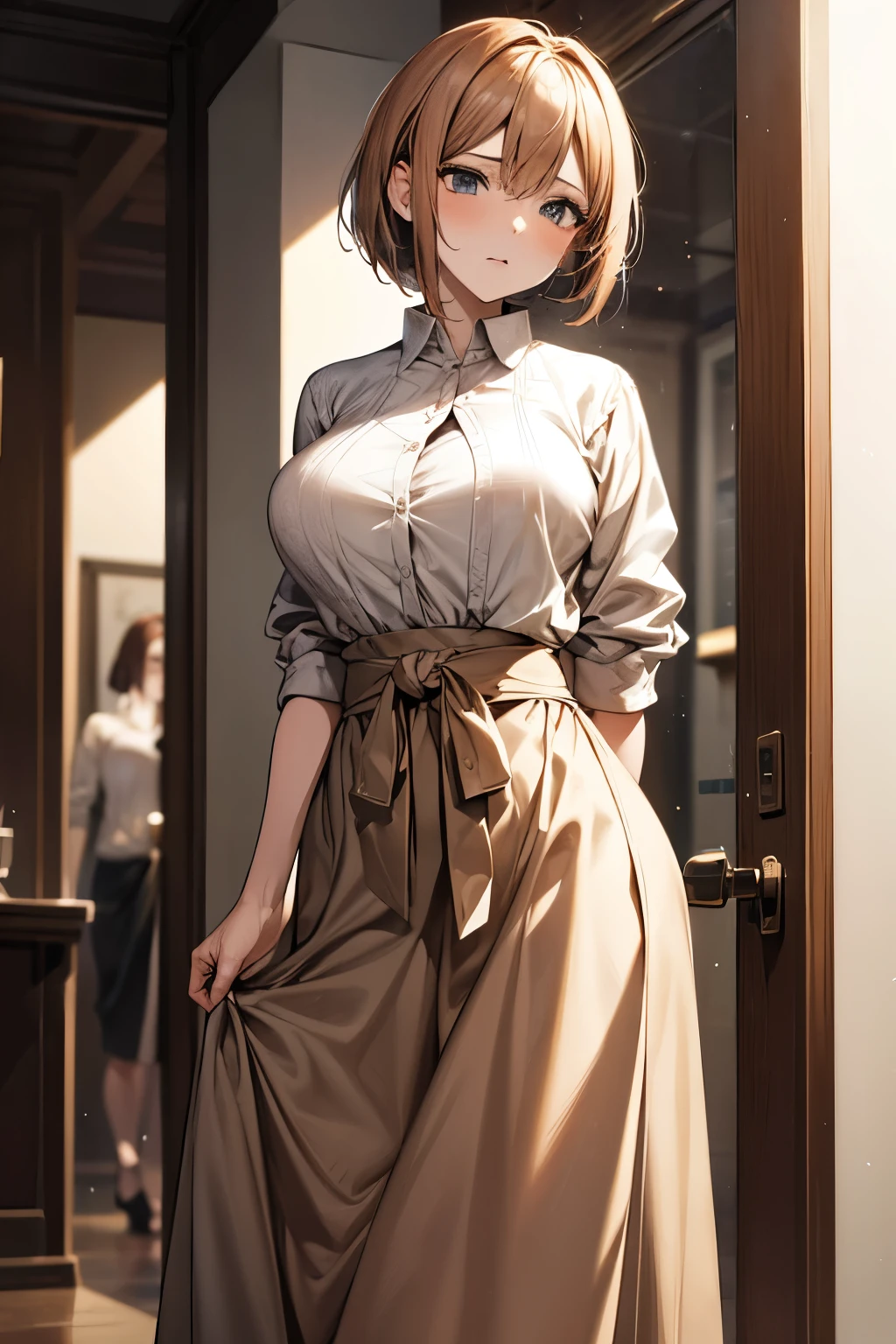  High Resolution , Best Quality, masterpiece, Woman in her 30s、 short hair、Bob 、Brown hair color 、 Big Breasts、Beige plain clothes 、 long skirt、 troubled face、 wet and dirty from chest to waist。