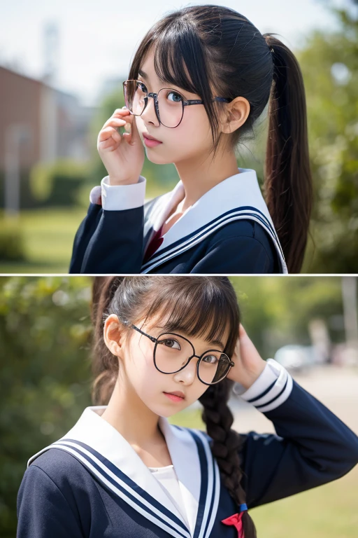 realistic pictures、Highest品質、ultra high resolution、Professional specifications、((とてもロリなprimary school studentの姉妹が手紙を差し出す))、(((Hold the letter with both hands)))、school classroom、sailor suit、((belly button))、short skirt、primary school student、lolicon、Highest、10 years old、love confession、pink square letters、Very embarrassed、blush、Red-framed glasses、hair ornaments
