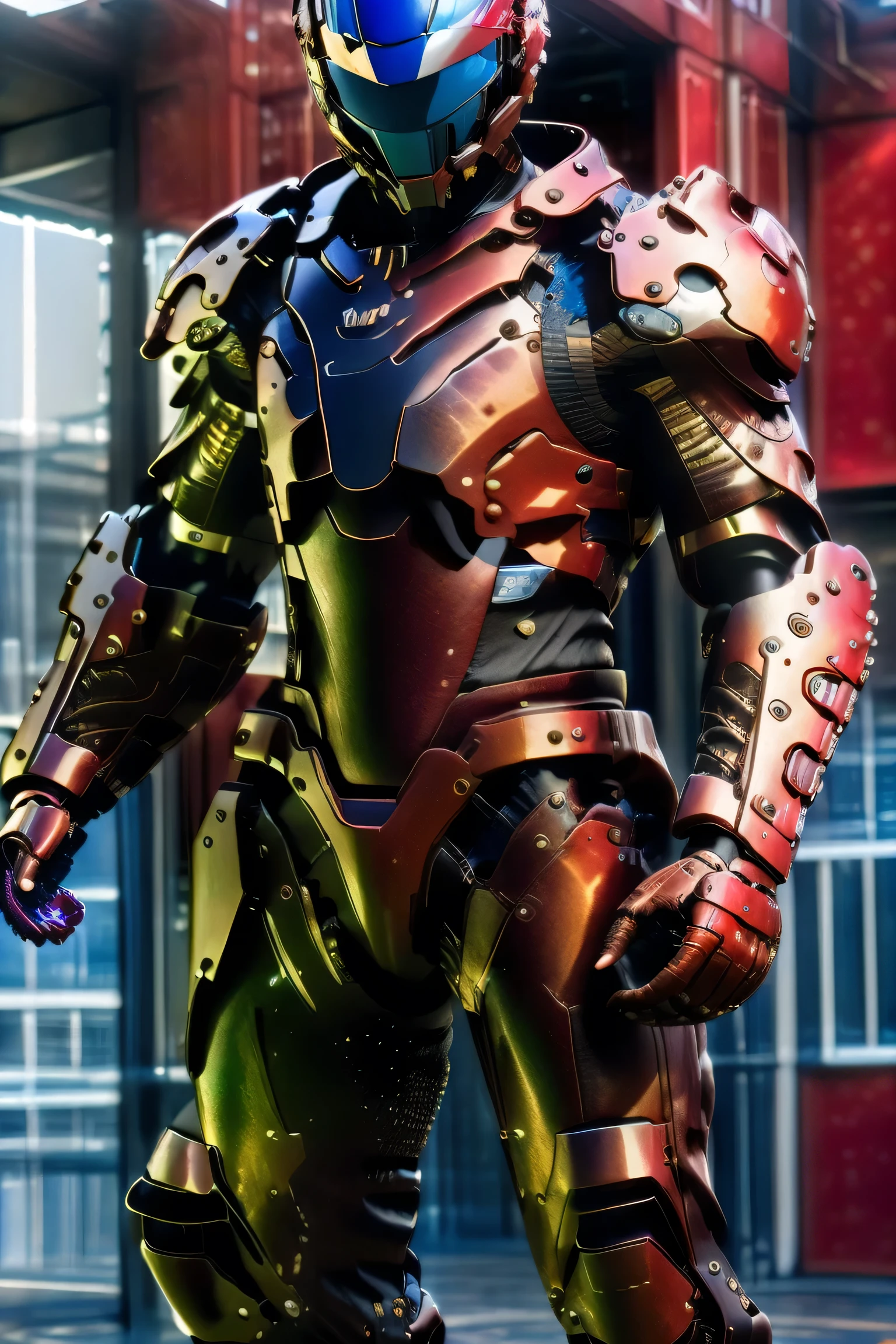 hero, (red mech bodysuit), whole body, ((night)), cyber punk city,  bodysuit with red or blue accents based on silver,  eyes glow red , Suit parts are large ,  lots of light effects , helmet with horns, (holding sword),  Unreal Engine 5, High image quality,  best quality,  High Resolution , Super detailed, Fine painting, Extremely delicate, professional,  anatomically accurate, creativity, RAW Photos, 超 High Resolution , 32K, Natural Light, Cinema Lighting, masterpiece-anatomy-perfect, masterpiece:1.5, Portrait