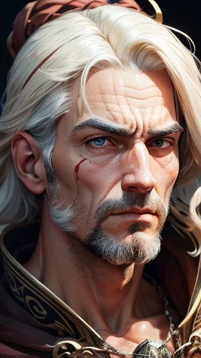 A young man with gray gradient hair, well-trimmed gray beard, has a cut scar on his eye, wears white old clothes, he owns many shiny golden knives, is a killer, the environment is a saloon, realistic drawing style, face focus