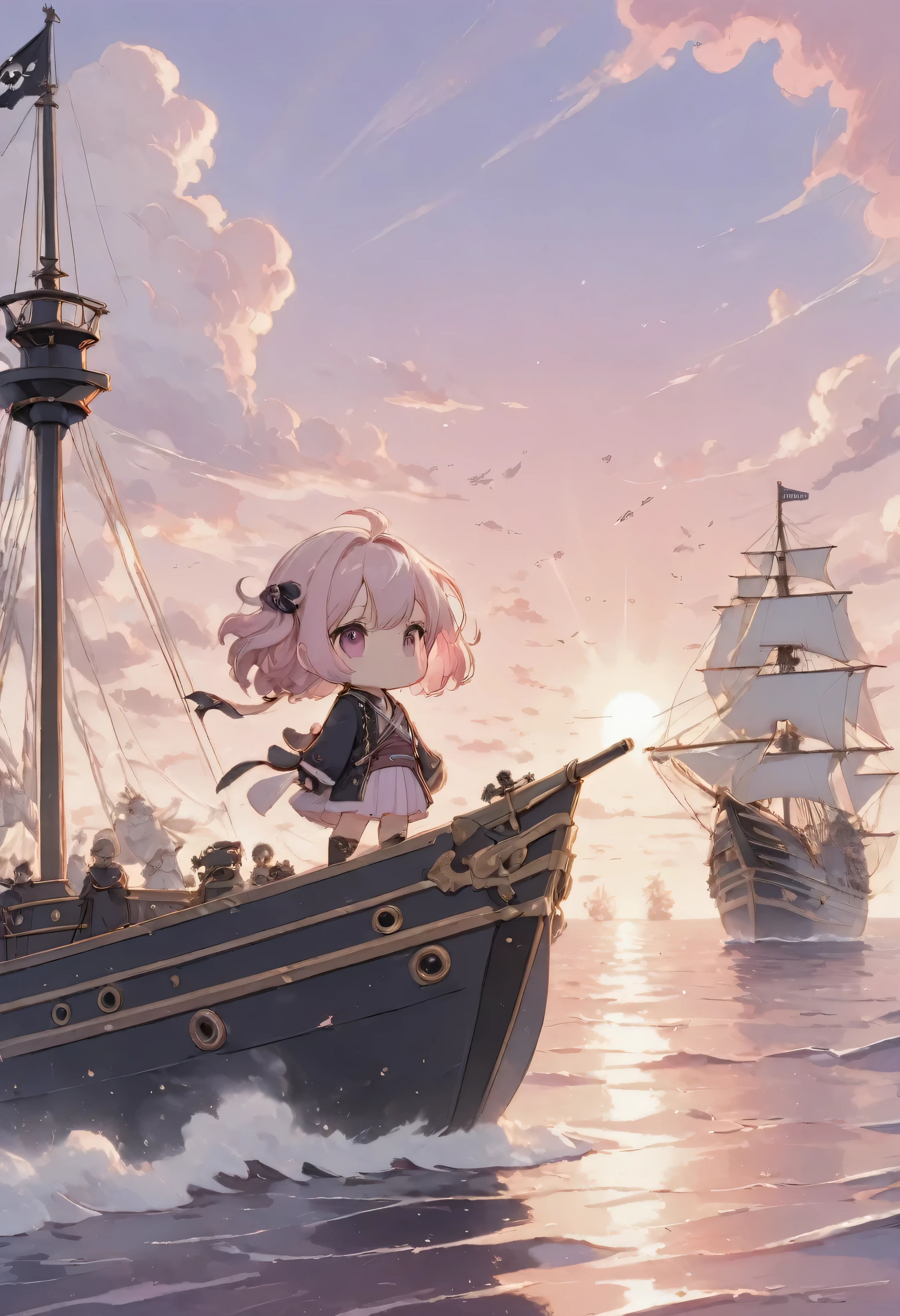 masterpiece, best quality, ultra-detailed, Low Fidelity (lofi) art style, pastel pink and purple tones. minimal object,chibi,A fierce naval battle between pirate ships is rendered in a soft, slow-moving Lofi style. The waves of the ocean are calm and gently rolling, the ships moving slowly across the water. The cannon fire is reduced to small, muted puffs of smoke, and the ships' sails billow softly in the breeze. Above, the sky is a soft gradient of pink and purple, with the sun setting on the horizon. On the deck of one of the ships, a small figure stands with their back to the viewer, calmly watching the scene unfold. The usually chaotic and energetic battle is now a slow, almost peaceful moment at sea, with the Lofi style turning a traditionally intense scene into something quiet and serene.