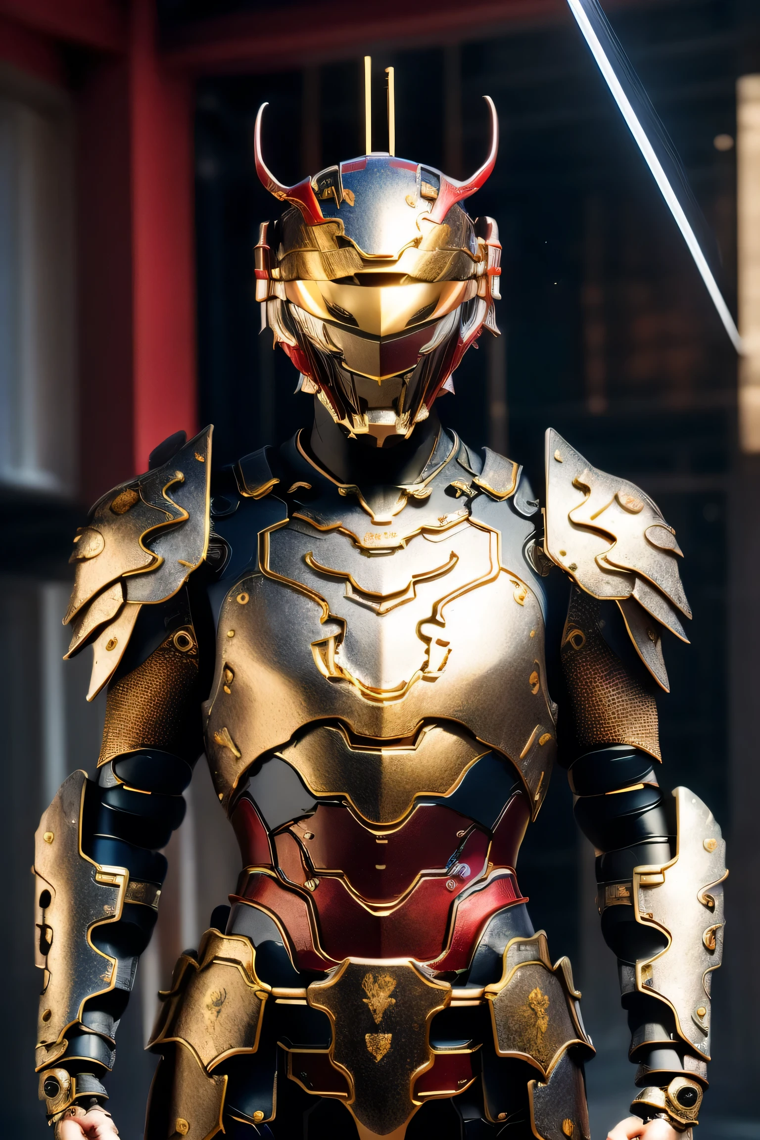 (red mech bodysuit), whole body, ((night)), cyber punk city,  bodysuit with red or blue accents based on silver,  eyes glow red , Suit parts are large ,  lots of light effects , helmet with horns, ((Carrying a Japanese sword)),  Unreal Engine 5, High image quality,  best quality,  High Resolution , Super detailed, Fine painting, Extremely delicate, professional,  anatomically accurate, creativity, RAW Photos, 超 High Resolution , 32K, Natural Light, Cinema Lighting, masterpiece-anatomy-perfect, masterpiece:1.5, Portrait
