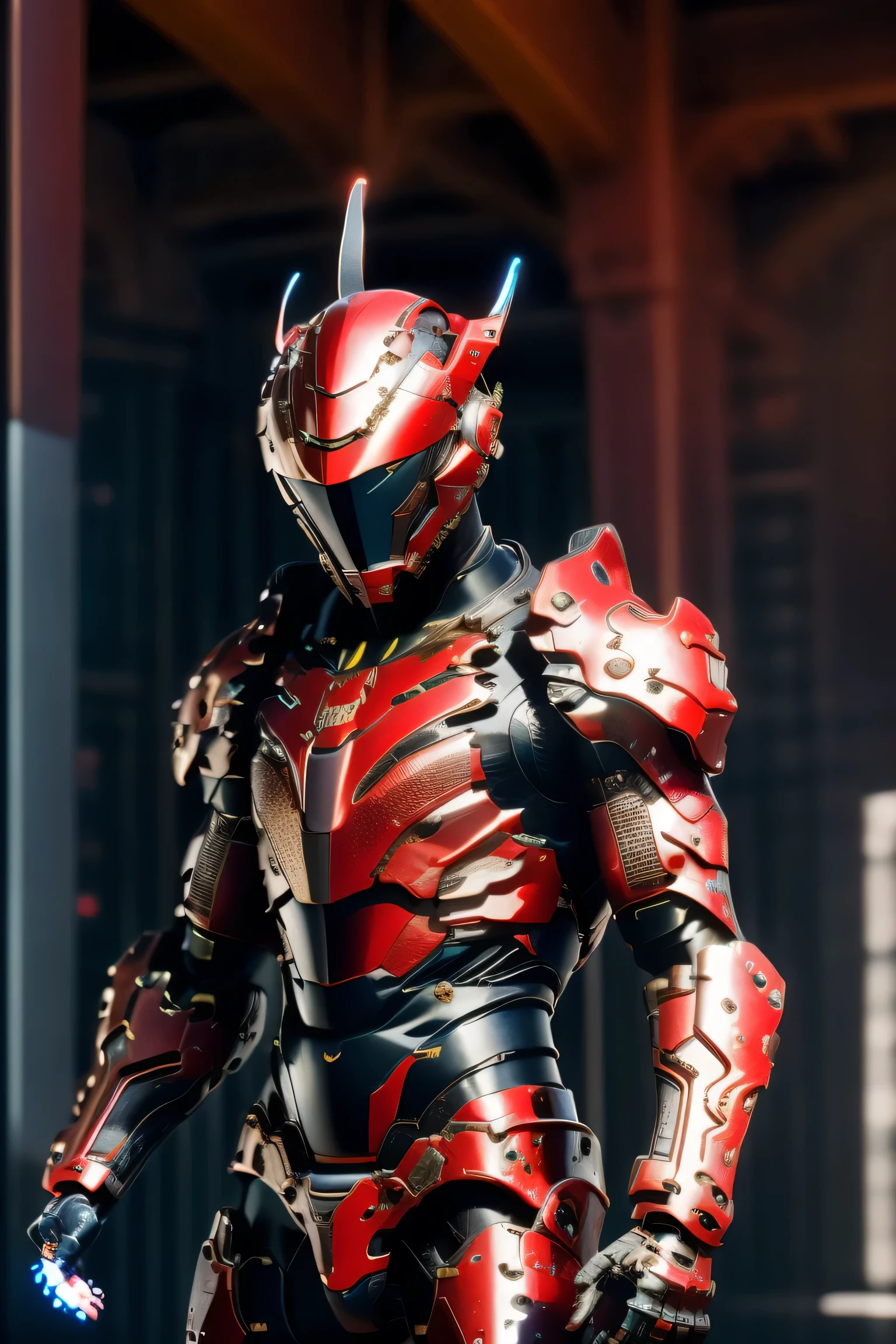 (red mech bodysuit), whole body, ((night)), cyber punk city, bodysuit with red or blue accents based on silver, eyes glow red , Suit parts are large , lots of light effects , helmet with horns, Unreal Engine 5, High image quality, best quality, High Resolution , Super detailed, Fine painting, Extremely delicate, professional, anatomically accurate, creativity, RAW Photos, 超 High Resolution , 32K, Natural Light, Cinema Lighting, masterpiece-anatomy-perfect, masterpiece:1.5, Portrait