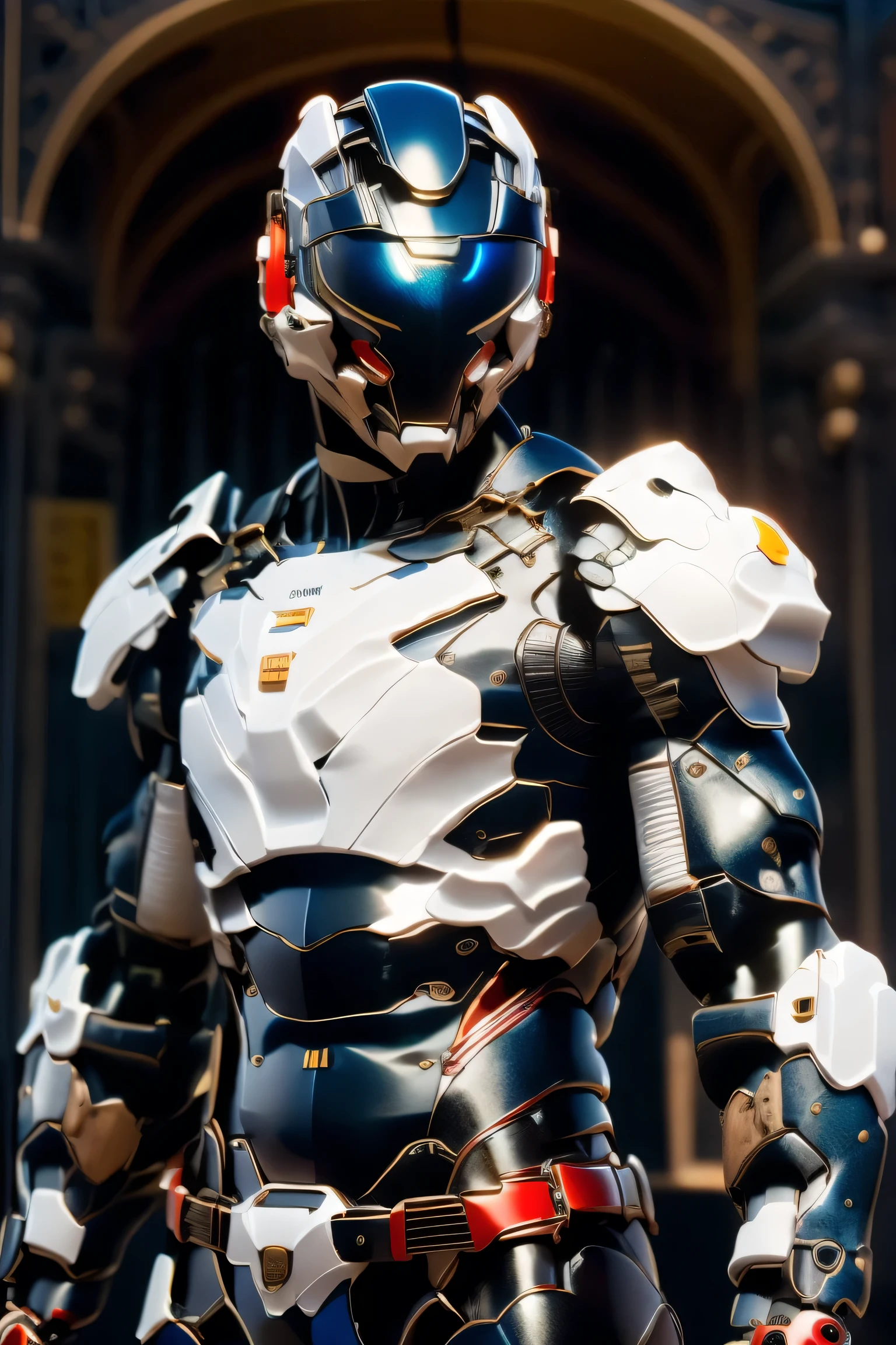 (Mech bodysuit), whole body, City at night, bodysuit with red or blue accents based on silver, The eye area shines red , Unreal Engine 5, High image quality, best quality, High Resolution , Super detailed, Fine painting, Extremely delicate, professional, anatomically accurate, creativity, RAW Photos, 超 High Resolution , 32K, Natural Light, Cinema Lighting, masterpiece-anatomy-perfect, masterpiece:1.5, Portrait