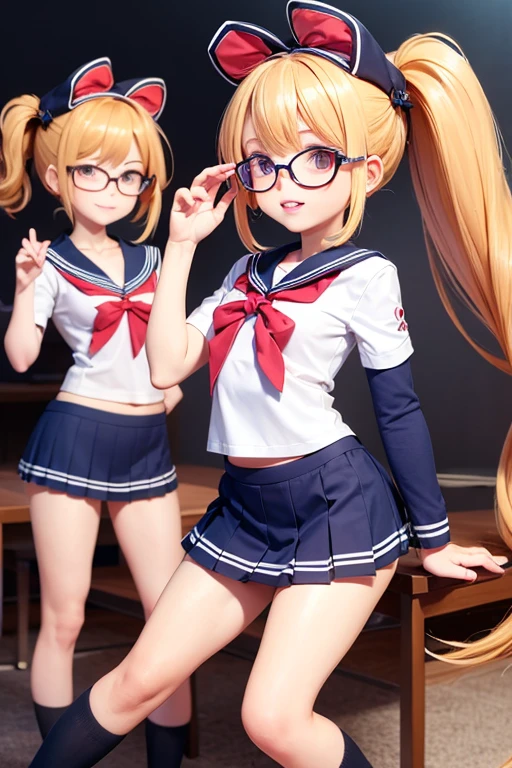 1 girl, in public, embarrassed, bangs, loli body, 13 year old girl, blonde hair side ponytail, sensual cleavage, sensual mouth, round breasts, ass facing the viewer, back to the screen, smile, tight, micro shorts 1.4, Ultra HD, 4k image, glasses, character close to the camera, tight shorts, shorts showing crotch, low-cut shorts, shorts with open fly, V-shaped panties, visible lower part of the breasts, visible belly, short mini skirt, micro skirt, skirt small and torn, tight skirt