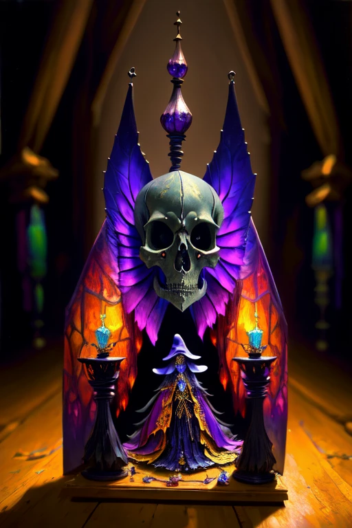 papercut, a masked dark lord sitting on a throne, scattered skulls, torch lights, on a dark night, full moon <lora:papercut-SDXL:1>