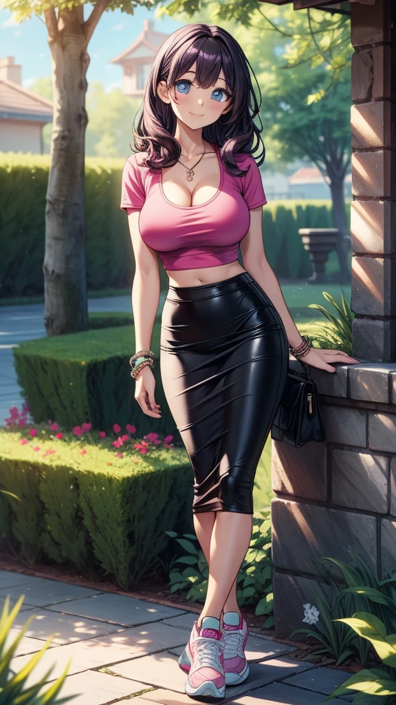 (best quality,4k,8k,highres,masterpiece:1.2),ultra-detailed,realistic,sexy high school girl with orange hair in a garden setting,beautiful detailed eyes, beautiful detailed lips,extremely detailed eyes and face,long eyelashes,flawless skin,pink panties peeking from under the skirt,gorgeous pink and black ,fitted skirt accentuating the curves,plaid pattern on the skirt,cropped white blouse,unbuttoned top buttons,large round breasts,confident and alluring pose,sunlight filtering through the trees,soft warm lighting,floral background, vibrant colors,portraits,high contrast,color grading with warm tones. Bulma