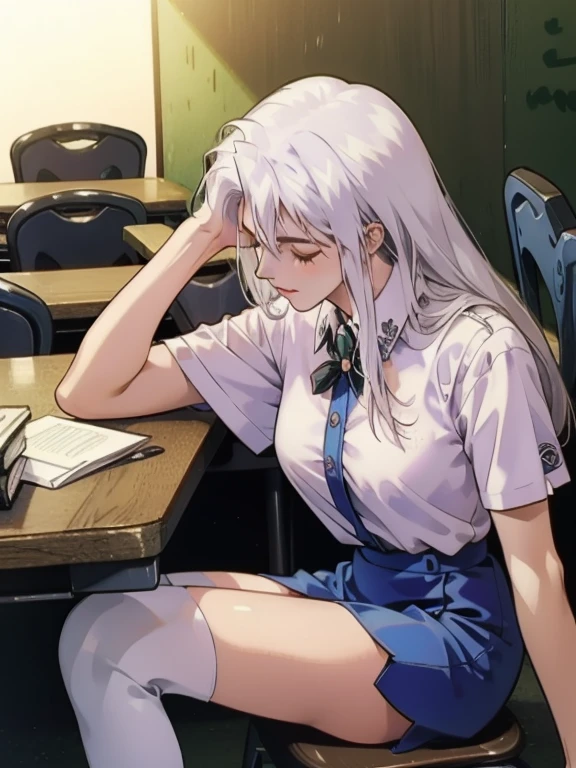 Beautiful woman with white hair，Wearing a white shirt，OL Uniform，Sitting，Sexy girl with white hair holding her head ，sleep，Wearing a jk uniform ，In the classroom，Close your eyes，White hair，White hair，Silver Hair，Side of the character, whole body，whole body照，black over the knee stockings ，Black hip skirt