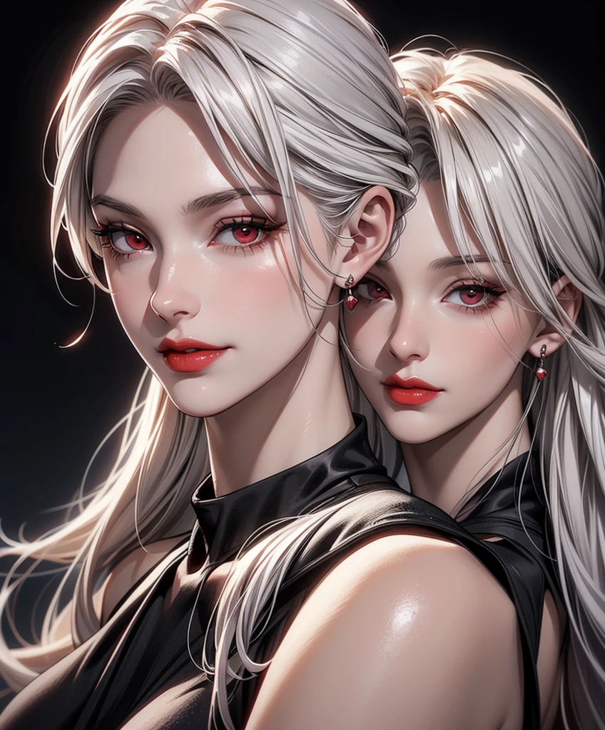 (SFW)2garotas,1vampira de cabelos longos prateados,orelhas pontudas,olhos vermelhos, thin lips with fangs,rosto redondo,seios pequenos, thin waist wearing a sensual crimson red gothic dress next to a female werewolf,cabelos longos castanhos crespos,orelhas pontudas,olhos castanhos, thin lips with fangs, Rosto redondo,seios grandes,usando jaqueta de couro negro estilo selvagem com cauda de lobo,expressive scene and setting with natural lighting,um vampiro e uma lobisomem (SFW)