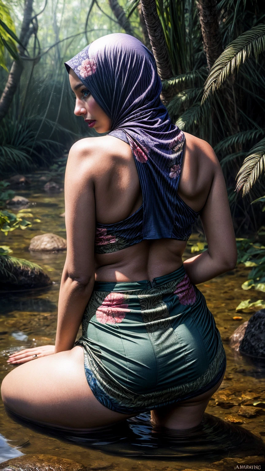 close-up portrait of a beautiful woman with hijab, ((sexy crouching pose in a jungle river)), pov from above, back view pose, (((wearing Hijab, wearing backless V-Neck colored floral patterned double slit kebaya, batik double slit mini skirt))), tight, pear body shaped, huge gigantic breast, reeds, (backlight), realistic, masterpiece, high quality, lens reflection, shadow, flower, [[chromatic aberration]], by Jeremy Lipking, by Antonio J. Manzanedo,