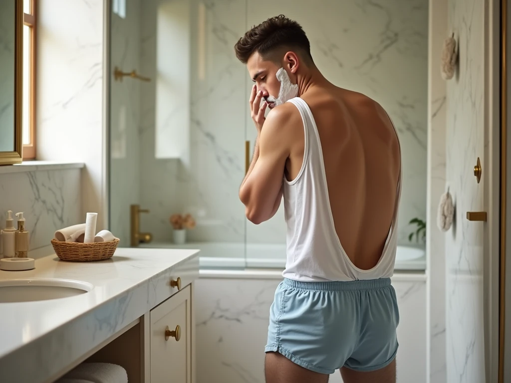An Indonesian man 30 years old his skin is white and his body is big who had just taken a shower received a call from his landline while his body was wet and still wearing a towel under his body