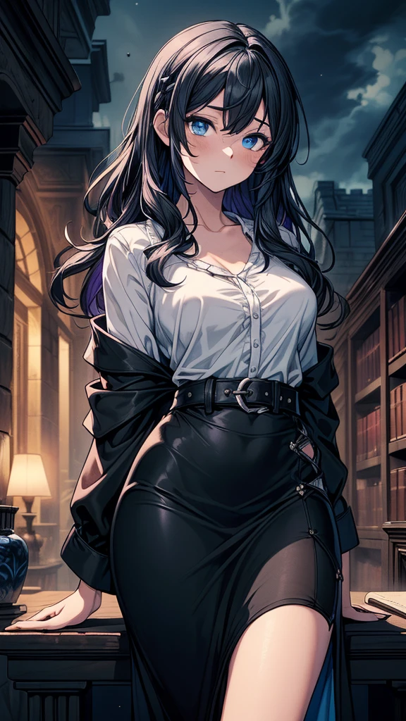 Realistic and detailed image of a girl. Dressed in a long sleeved black shirt, embroidered pleated mini skirt and garters, she wears an ochre colored cape. Long silky midnight blue hair that is unusually shiny combed with complex braids to the right. Golden eyes. She has earrings, long eyelashes. She has full, smiling lips. Medium breasts, slim waist, very wide hips and thick thighs. view of breasts. Arched back. She is walking sensually through a library surrounded by books.