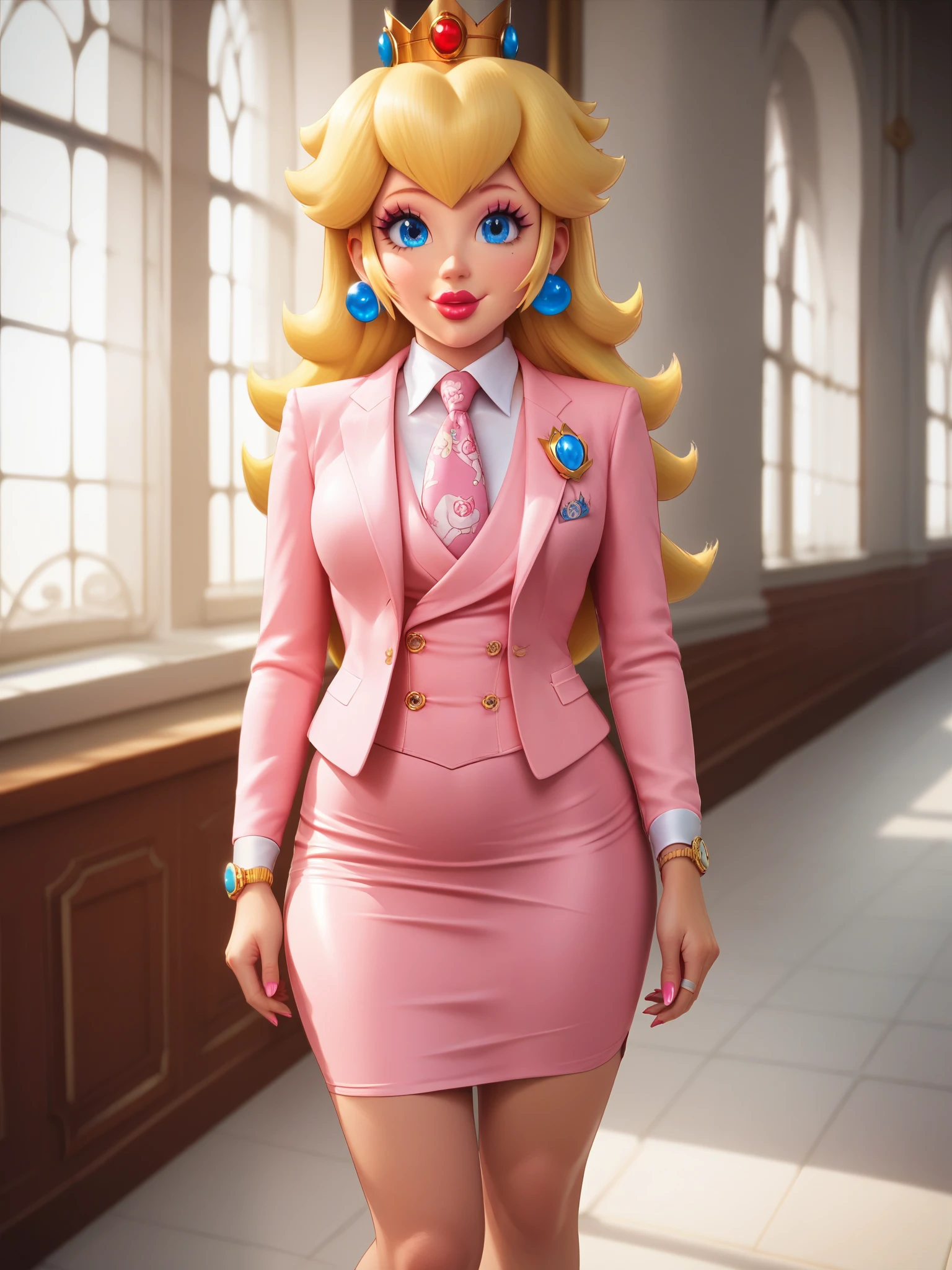 score_9, score_8_up, score_7_up, score_6_up, score_5_up, score_4_up, (princess peach), (front view), (oily skin), (long blonde hair),  three-piece suit, 1girl, solo, blonde hair, smile, pretty, formal, jewelry, skirt suit, silk necktie, earrings, jacket, shirt with white collar, high heels, window, watch, jacket, wristwatch, red lips, pencil skirt, (((bodycon pencil skirt))), makeup, cufflinks, big head, (solo), standing, pink lips, (blue eyes), looking at viewer, seductive stare, kissing expression, smiling, cute expression, (throneroom background)