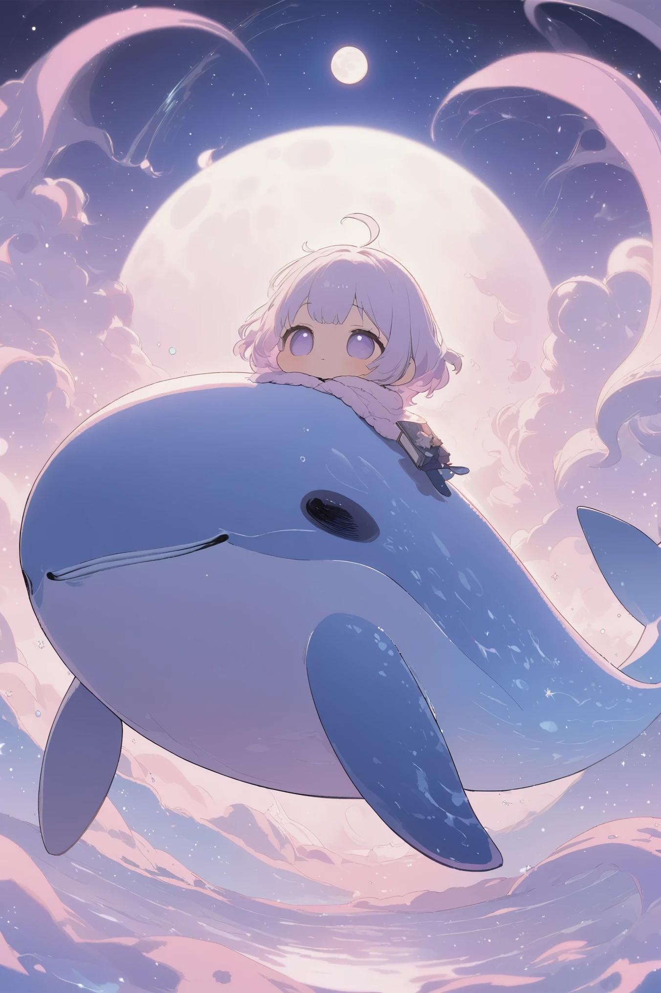 masterpiece, best quality, ultra-detailed, minimal object, chibi, Low Fidelity (lofi) art style, pastel pink and purple tones. A gigantic chibi whale floats gently above the surface of the moon, holding a small book in its flippers. The moon’s surface is soft and minimal, with craters simplified into smooth, pastel-colored dips. The Earth can be seen in the background, a soft blue and green orb hanging in the distance. The whale’s soft pastel colors blend seamlessly with the dreamy, surreal environment. A tiny chibi figure sits on the whale’s back, their back to the viewer, quietly reading along with the whale. The scene is fantastical and otherworldly, creating a sense of calm and wonder.