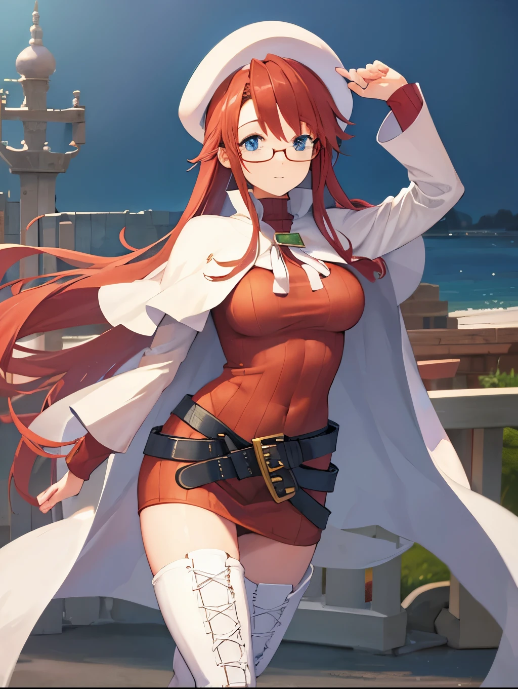 summonnightaty, aty, (young:1.3),long hair, blue eyes, red hair, big_tits, hat, glasses,
BREAK long hair, thighhighs, hat, dress, naked_legs, glasses, belt, cape, sweater, zettai ryouiki, beret, thigh boots, white footwear, ribbed sweater, loose belt,solo,
BREAK outdoors, fantasy,on_beach,
,Highquality_hads,perfect_fingers,
BREAK (masterpiece:1.2), best quality, high resolution, unity 8k wallpaper, (illustration:0.8), (beautiful detailed eyes:1.6), extremely detailed face, perfect lighting, extremely detailed CG, (perfect hands, perfect anatomy),covered_nipples,covered_navel ,half_eyes,long_sword,sleepy,red_sweater,apart_knees,magical_effect,spread_legs, have_a_book,teacher,rise_knee,Smile,rise_hand,look_down_viewer,spread_arms,sea​_waves,looking_into,blue_sky,plump,open_mouth, dynamic_posing,solo,