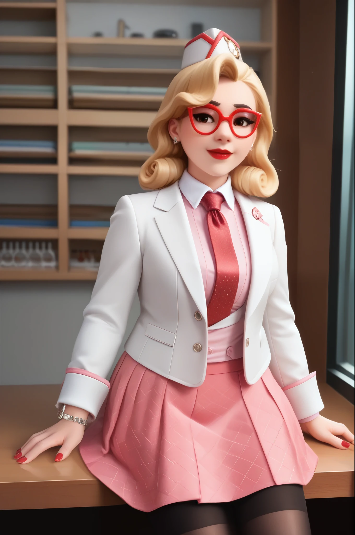 score_9, score_8_up, score_7_up, 1girl, sprinkles mei, mei (overwatch),  three-piece suit, 1girl, solo, blonde hair, glasses, sprinkles mei, smile, pretty, formal, jewelry, (((skirt suit))), (((red silk necktie))), earrings, (((white jacket))), (((pink shirt with white collar))), sitting on table, window, watch, jacket, wristwatch, red lips, (((vibrant red shiny skirt))), (((metallic satin skirt))), (((bodycon pencil skirt))), makeup, black stockings, garter straps, cufflinks, red nails, fully clothed, red lipstick,   in a 50´s restaurant, long sleeves, shiny clothing, tight clothing, (((tight skirt))), silk shirt fabric, hand on cheek, cute