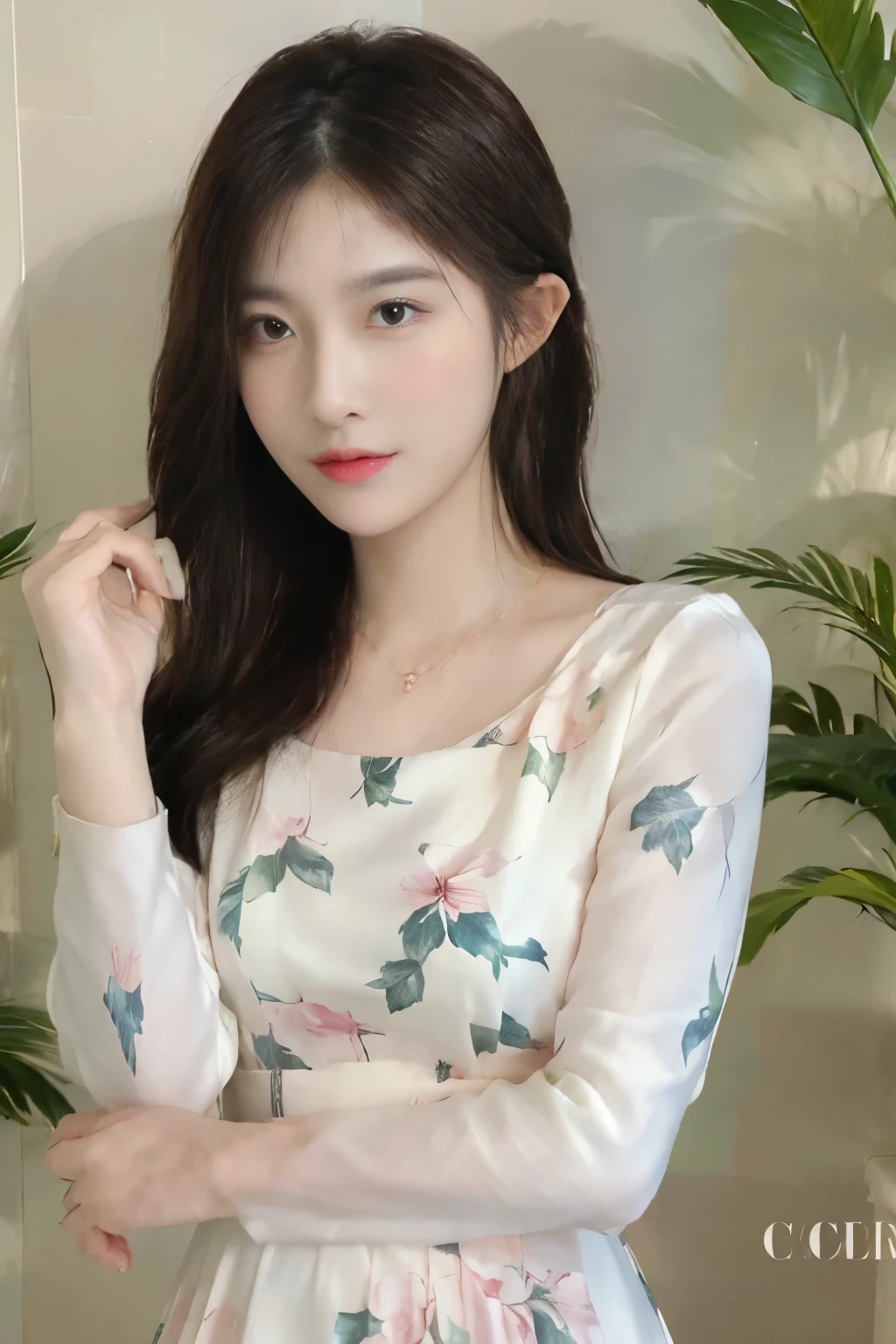 8k, masterpiece, best quality, actual,Portrait of a beautiful young woman in a floral dress, Pair it with a diamond necklace, earrings, and cuff bracelets