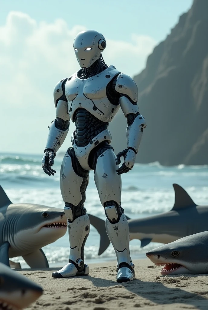 NSFW (male robot with big penis) full body, standing on a deserted beach