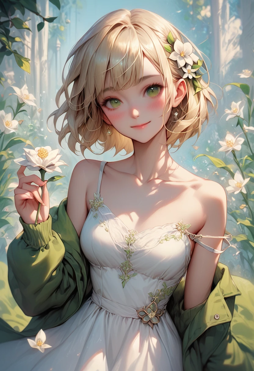 (masterpiece、highest quality、highest quality、Beautiful and beautiful:1.2)、(Excellent anatomy:1.5)、Milky short hair girl painting、White Fairy、Adorable smile、Looking into the camera、Flowers and leaves on the head、digitalis