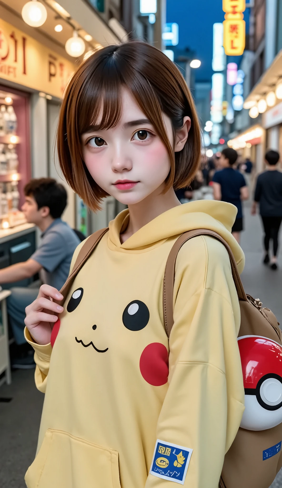 Best Quality、masterpiece、RAW Photos、 film grain 、  super high definition 、One Girl、 Pikachu Hoodie 、Pokémon Otaku 、Short Bob、Brown Hair、 very cute face、 Girl Walking Around Akihabara 、 Looking for Pokémon with a keen eye 。、 Pokemon Inspired Backpack&#39;Pokéball、