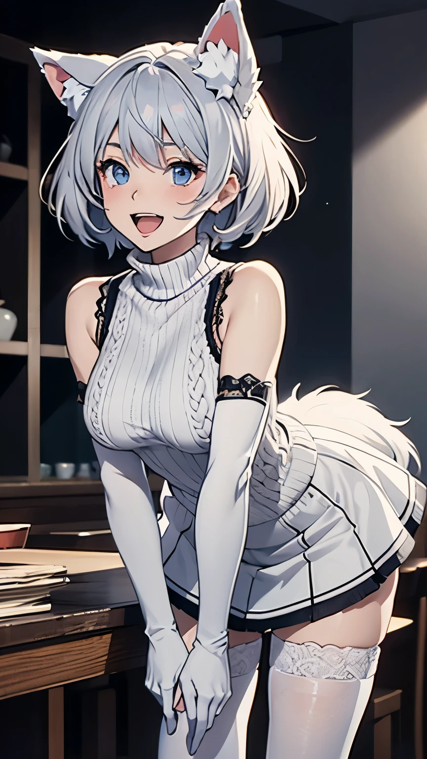 (Masterpiece), Best Quality, ultra-detailed, 1girl (Secelia Dote, naked body, short hair, dark skin, blue eyes, half-closed eyes), smirk, parted lips, solo, maid (black), frill, maid headdress, ultra mini skirt, black lace thighhighs, garter belt, in the livingroom,table, against the table, hands on table, standing, spread legs, Sexy waist teasing, come-on, temptation, hips pov, looking back , from_below