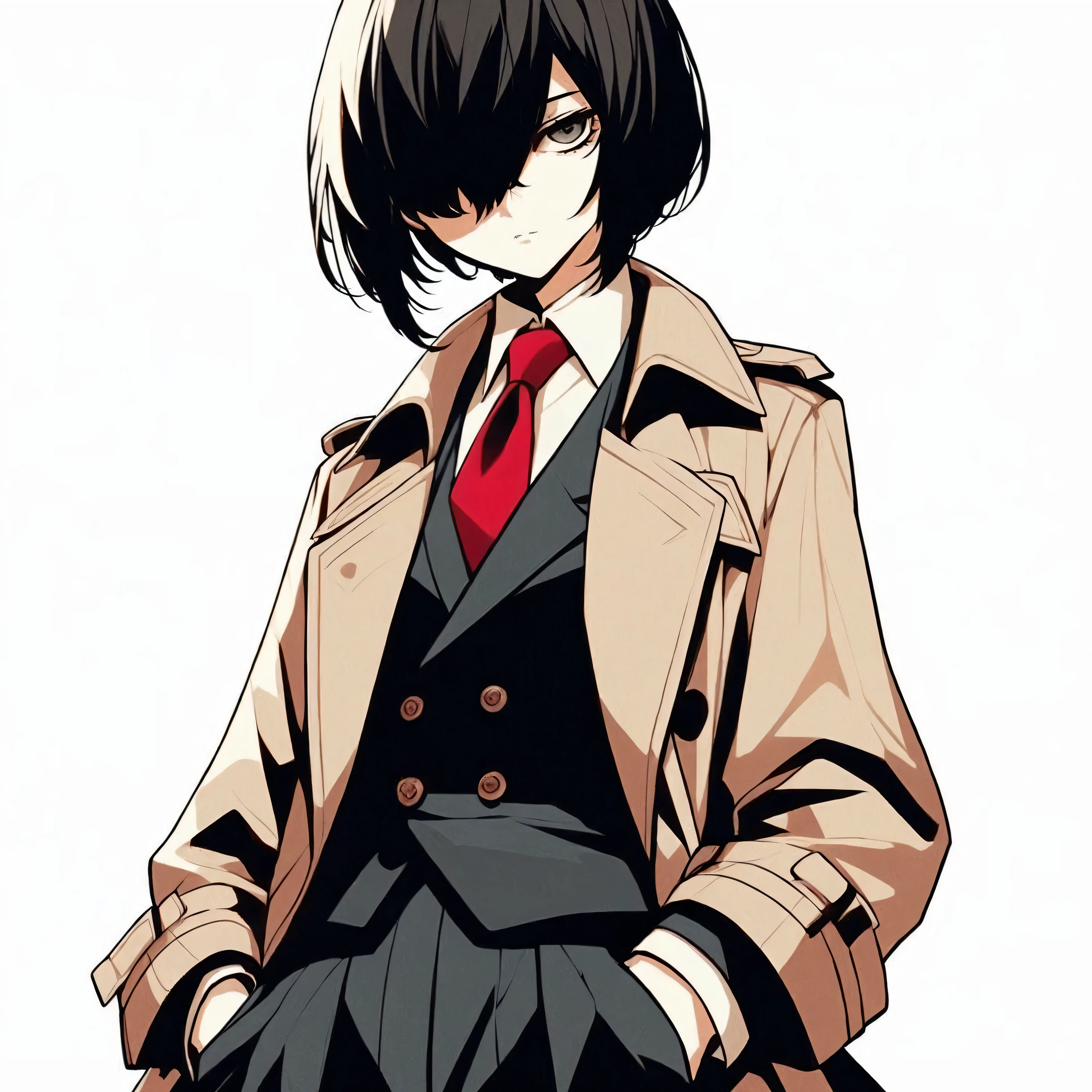 Anime character dressed in a suit and tie with a red tie, Red root ends Danganronpa , Anime character, Persona Art Style, Female protagonist 👀 :8, Persona 5 Style, Fubuki, Full size persona with a suit and red tie , Sogabe Shuji illustration , ( ( Wearing a long coat ) ), Chiaki Mi from Danganronpa, Anime-style characters