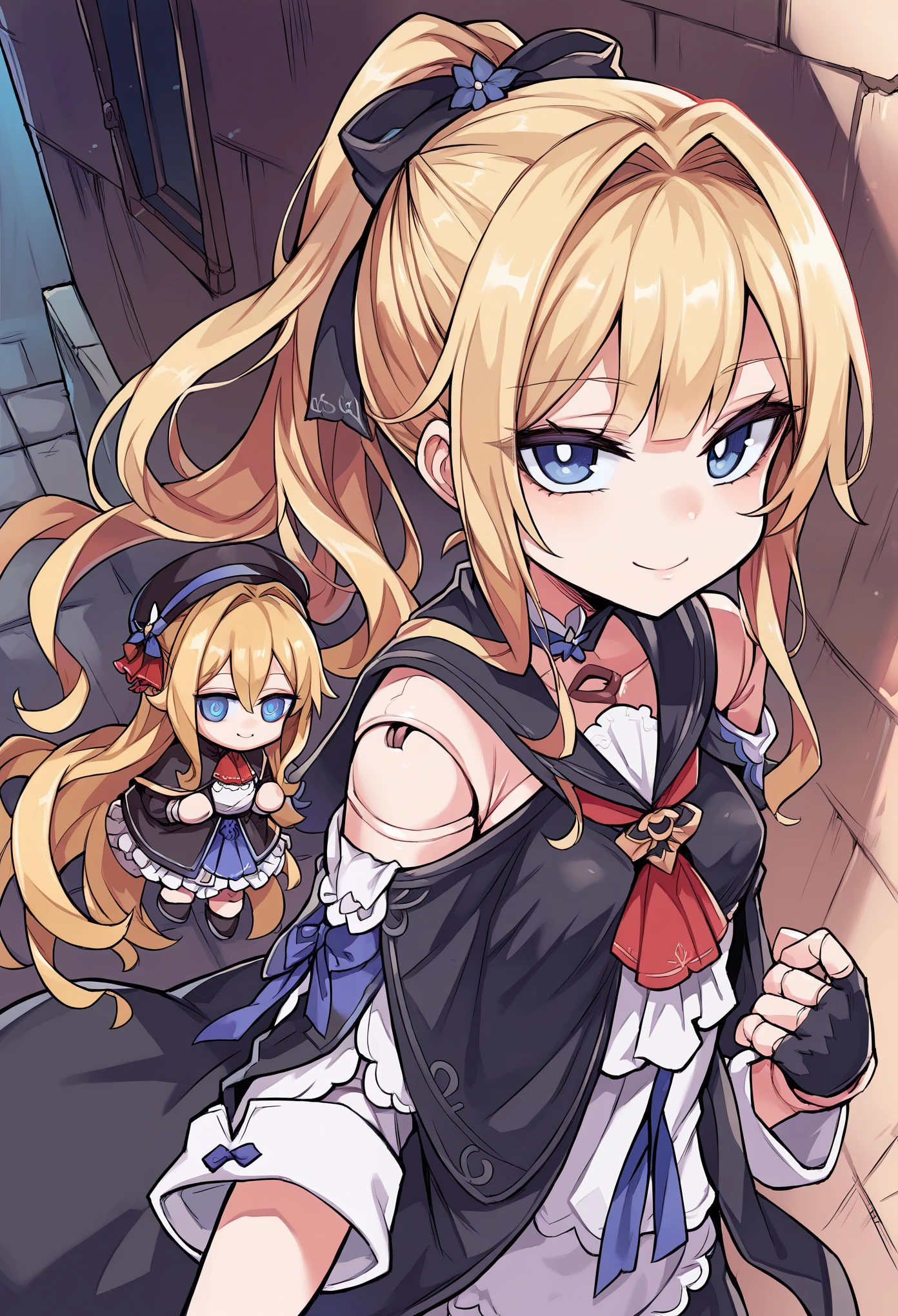 score_9, score_8_up, score_7_up, 1 girl, hsrherta, doll joints, (blonde ponytail hair, blue eyes), skinny, black robe, capelet, red ascot, fingerless gloves, smiling, posing, looking at viewer, small breasts, victorian alley, mist