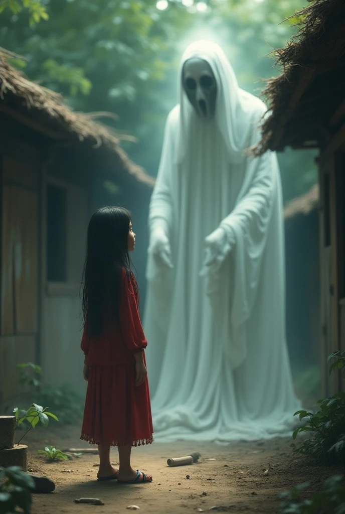 An ethnic Indonesian youth with a thin mustache chased a female ghost in a very dark night, a prominent ghost figure wearing shabby white clothes, long hair, red eyes, a pale face ran holding the woman's panties, chased by the young man. high resolution images.