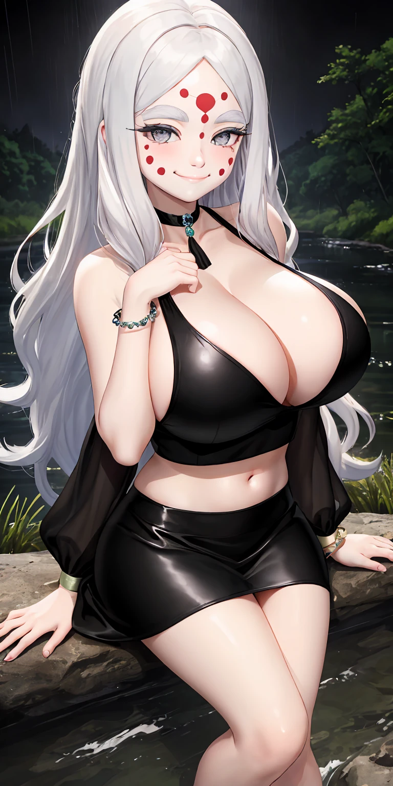 masterpiece, ultra high-quality, extremely detail 8k cg, high resolution, 1girl, mature female, MTSpiderV4, white hair, hair ornaments, forehead mark, facial markings, pale skin, grey eyes, navel, cleavage, jewelry, gigantic breasts, collarbone, bracelet, choker, black skirt, tubeskirt, miniskirt, tight skirt, black clothes, black crop top, opll, beautiful face, smile, night time, outdoors, forest, river, rain, thunderstorm