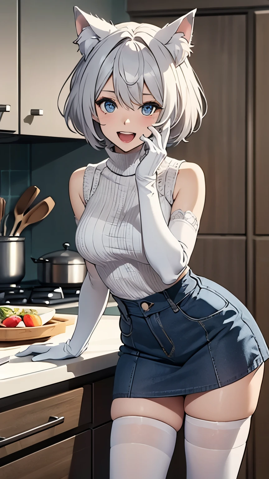 Cute girl, short white hair, exposed shoulders, medium-sized and tempting breasts, cow horns, cow ears, cow collar, bell, wearing wide jeans cut off at the ankle, ((jumpsuit)), overalls only, overalls, coveralls, jumpsuits only, overalls only 🐄🔞