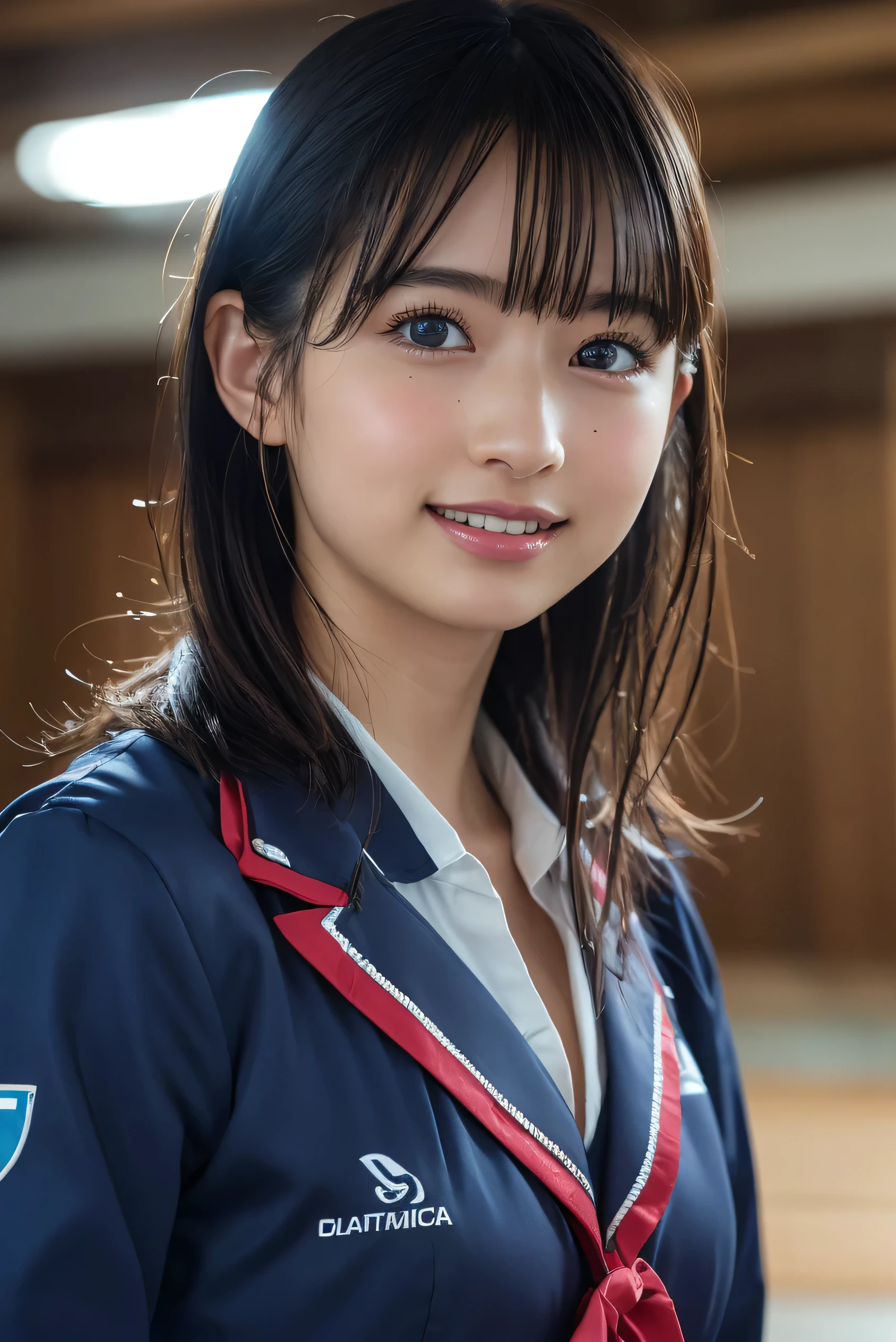 Top Quality, Ultra High Definition, (Photorealistic:1.4), Blunt Bangs, Light Smile, School Uniform, Seraph