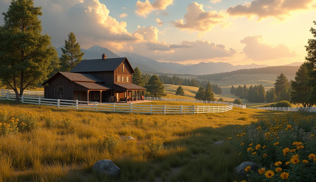 a beautiful well-kept ranch, rustic barn buildings, distant white fences, inspired by the wild west, detailed landscape, dramatic lighting, cinematic composition, photorealistic, highly detailed, 8k, HDR, masterpiece