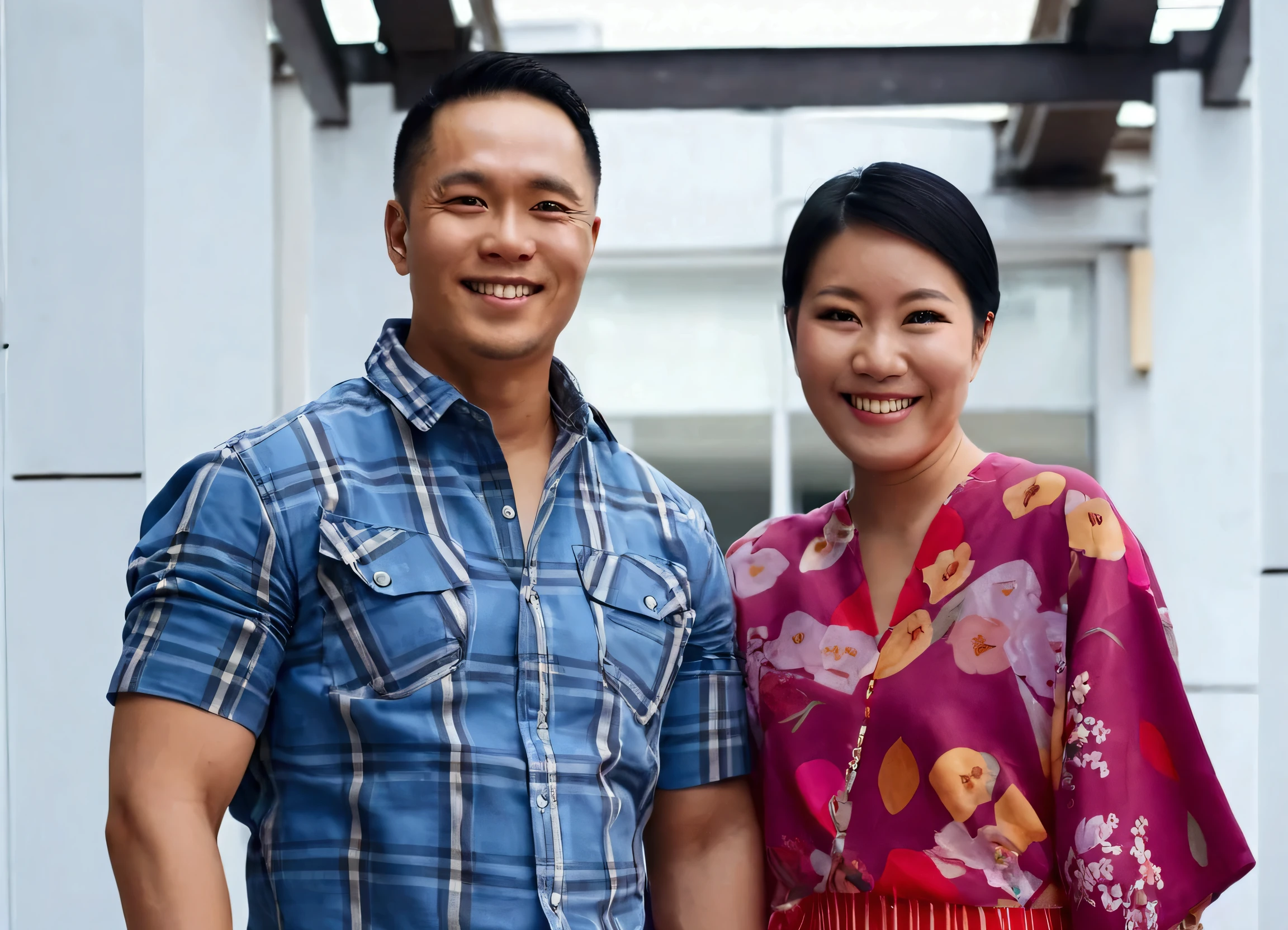 Medium shot of a 35 year old indonesian man, fit body, ideal body, oval face, white skin, nature skin, medium hair, wearing a shirt , side by side with a 30 year old indonesian woman with, gray crop tot, they smile facing the camera, eye to camera, eye level angle with City view in the background