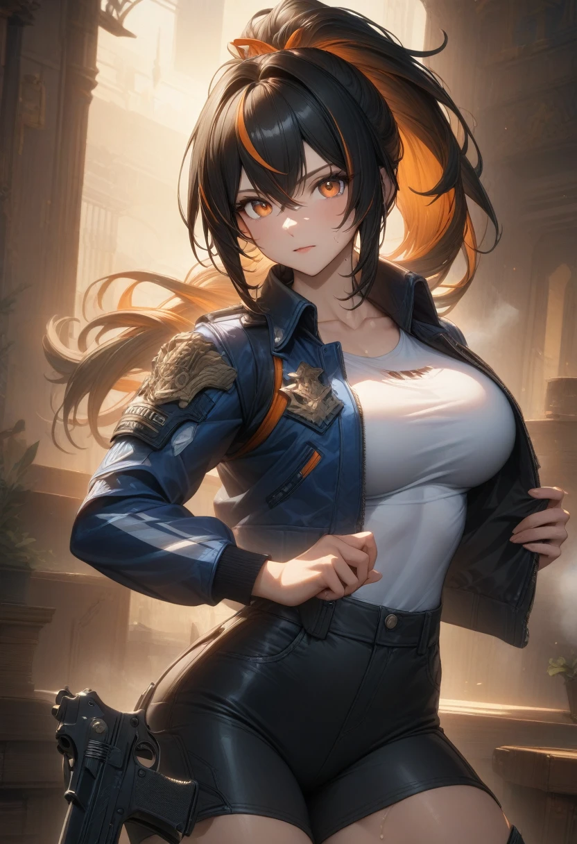 masterpiece,best quality,high resolution,8k,ultra HD,wallpaper,illustration,perfect face,cowboy shot,beautiful detailed eyes,extremely detailed face,perfect lighting,extremely detailed CG,perfect anatomy,perfect body,perfect hands,perfect fingers,1woman,full body,,muscle fighter body,(black long ponytail hair with orange mesh line hair:1.2),orange eyes,large breasts,Medium ass,,(blue open police jacket inner white shirt),black short hot pants,clothed,,collarbone,,looking at viewer,(single silver desert eagle),Steam,sweat, home,(Zenless Zone Zero character Zhu Yuan),adult,bring one's desert eagle to the ready,しゃがみ gun shoot,