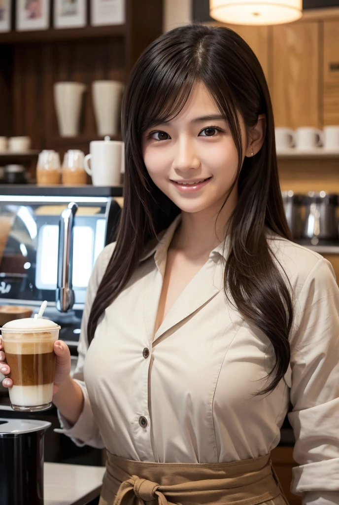 ((top-quality、masterpiece、photographrealistic:1.4、in 8K))、beautiful japanese female1a person、25years old、beautiful hairl、delicate and beautiful face、Eyes and faces with detailed、(Cafe clerk uniform:1.2) 、(Colossal tits:1.3)、(a miniskirt:1.3)、A smile、Beautiful lighting、Textured skin、Super Detail、high detailing、High quality、hight resolution、(looking at the viewers)、Detailed mouth、cafes、Coffee maker、cleavage of the breast、high-heels、window、fishnet tights