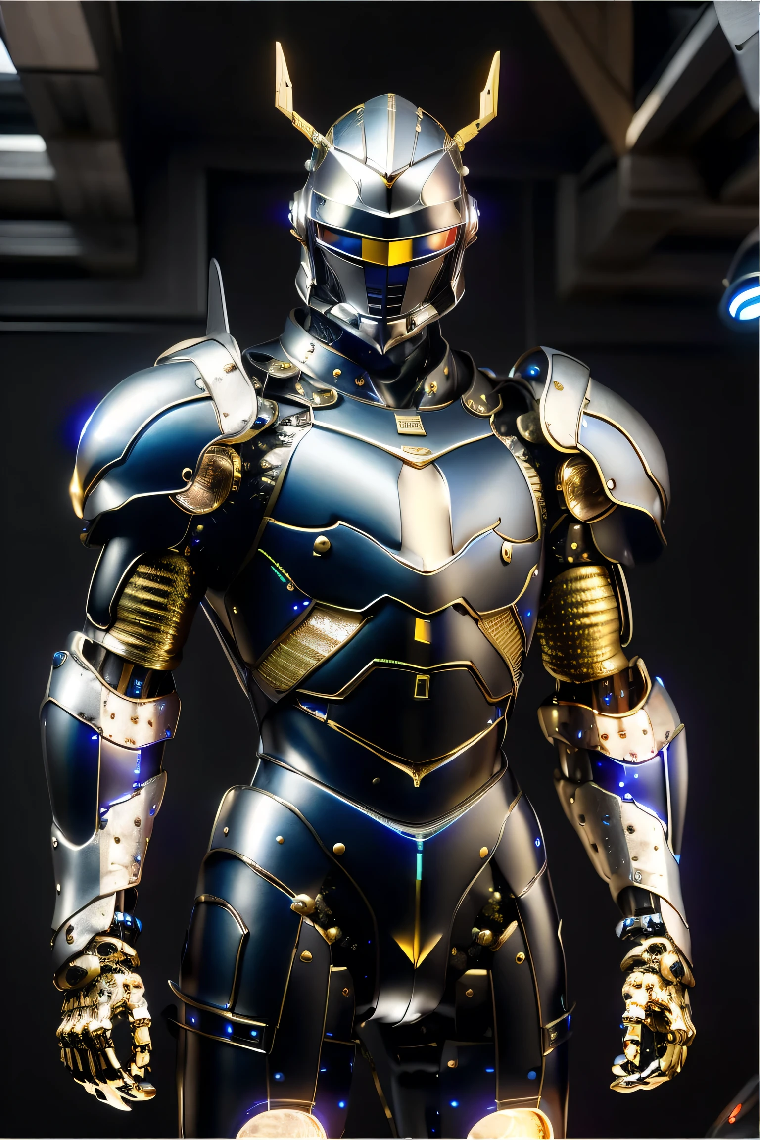 (metallic: 1.5, silver suit), (Japanese hero), (mech bodysuit with swords: 1.5), whole body, ((Night view: 2.0)), cyberpunk, Eyes glowing red, Suit parts are large , Lots of LEDs, ( antennae to raise arms in front of you), Unreal Engine 5, High image quality,  best quality,  High Resolution , Super detailed, Fine painting, Extremely delicate, professional,  anatomically accurate, creativity, RAW Photos, 超 High Resolution , 32K, Natural Light, Cinema Lighting, masterpiece-anatomy-perfect, masterpiece:1.5, (Portrait), (Helmet with ), (was a mecha)