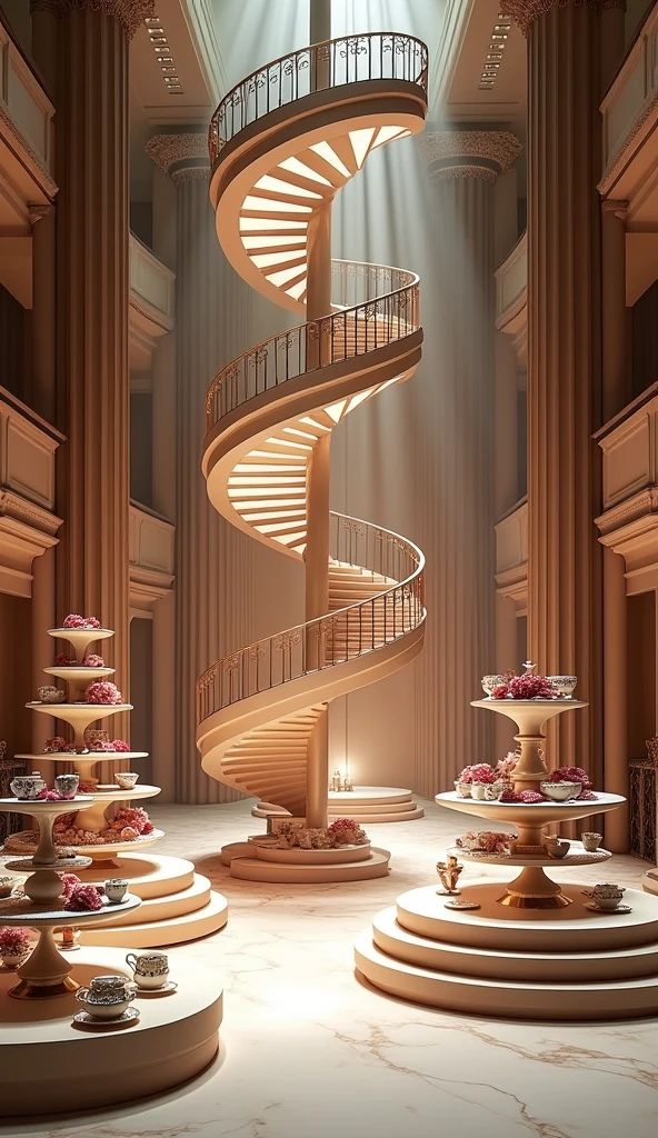 A huge stage set for a fashion show, with a spiral staircase in the center and three tiers reminiscent of afternoon tea trays and plates.