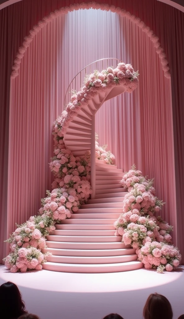 A huge stage set for a fashion show, with a spiral staircase in the center and three tiers reminiscent of afternoon tea trays and plates.