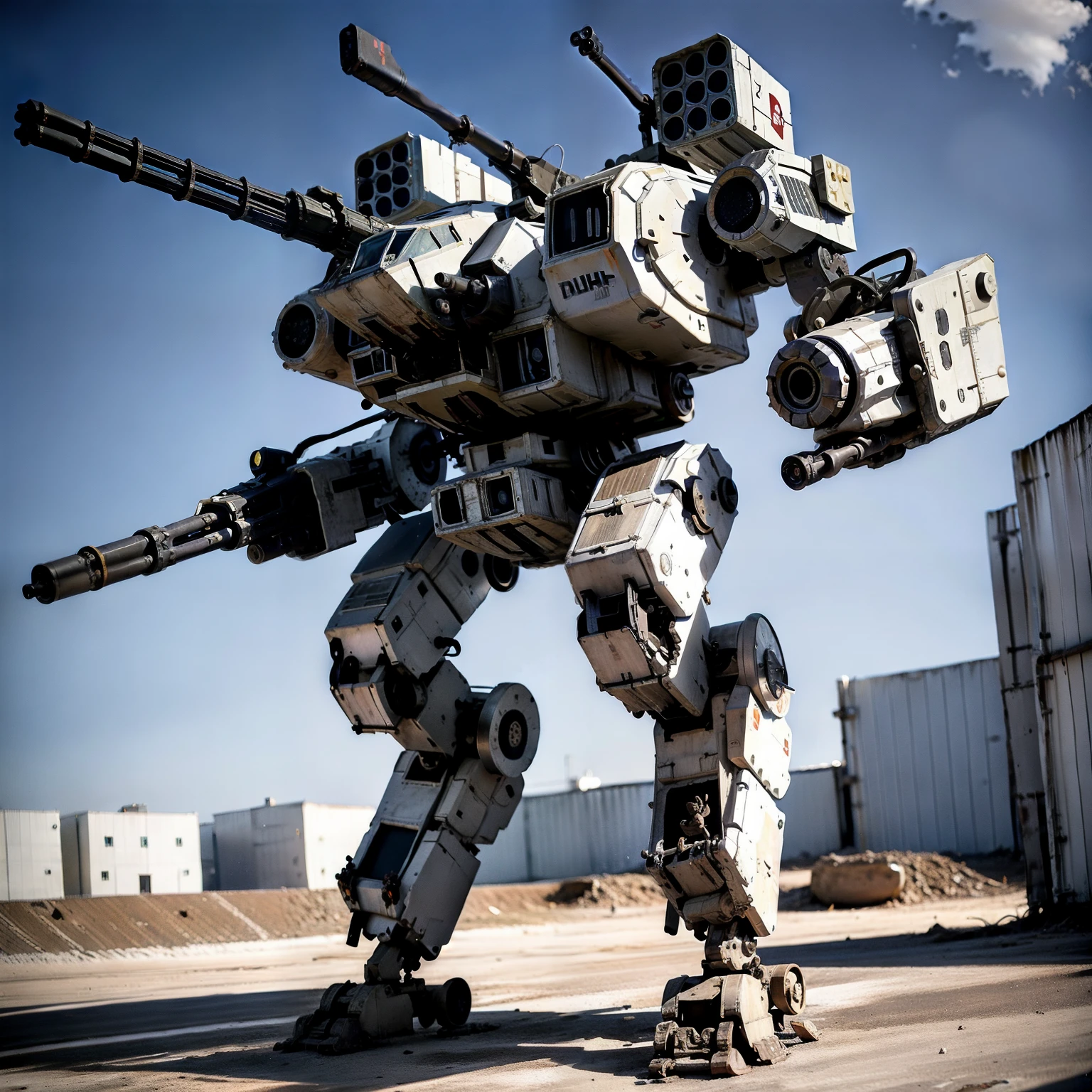 (photorealistic:1.4), best quality, masterpiece, light and shadow, dramatic lighting, mecha28, mecha, robot, weapon, no humans, gun, solo, white background, radio antenna, cannon, machine gun, missile pod, machinery, realistic, shoulder cannon, white skin, standing, cockpit windows