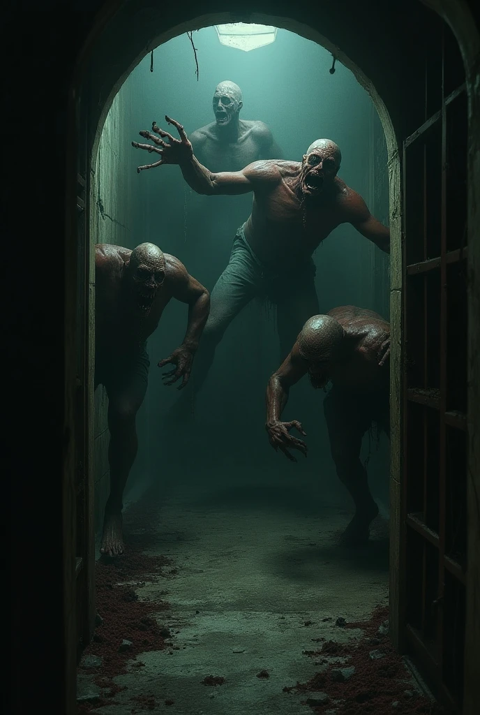 A enclosed, suffocating space, where the air is thick and thick with despair. Against a far wall, a multitude of shadows huddle, their torn and bloodied bodies clinging to any surface in a desperate attempt to escape. Their faces, contorted by agony, reflect indescribable suffering.