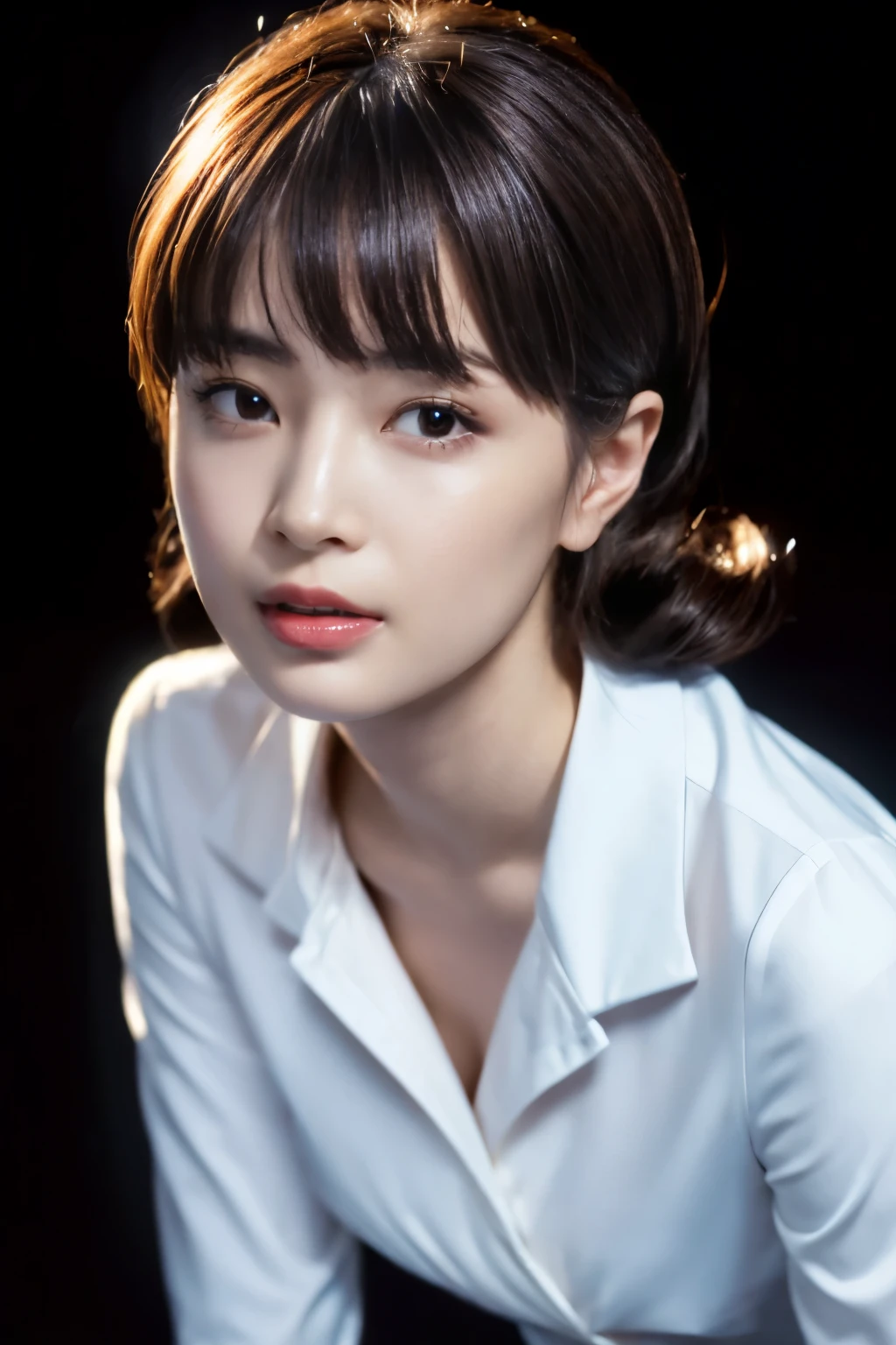 (masterpiece:1.2), (highest quality), (visible all over:1.3) ,(Super detailed), (8k, Complex), (Lens 135mm,F1.8), (realistic)(black background:1.3), portrait photography, side lighting,edge lights up,best shadow,Area light source,perfect anatomy,perfect face shape,perfect for women,finest female body,improves skin texture,fine cloth pattern,Precise beauty,delicate and delicate skin,highly detailed skin,pale skin,delicate hair,glowing skin,Highly detailed face and skin texture, shiny skin, vivid details, 超Realistic, Fine and beautiful skin, 1 female, 30 years old, japanese woman, (thin:Weight 1.0), small breasts:1.3, ((bangs:1.3, brown hair)),perverted woman, (office uniform, ofiice suits, white blouse, tight mini skirt, nipple, Erection nipple), (((Cowgirl))), A buttoned-up shirt flaps), necklace, (((frown、open your mouth、narrow your eyes))), (((from below:1.5, looking at the viewer,no makeup:1.3, close up))), Female dog, NSFW,Pin curl hair